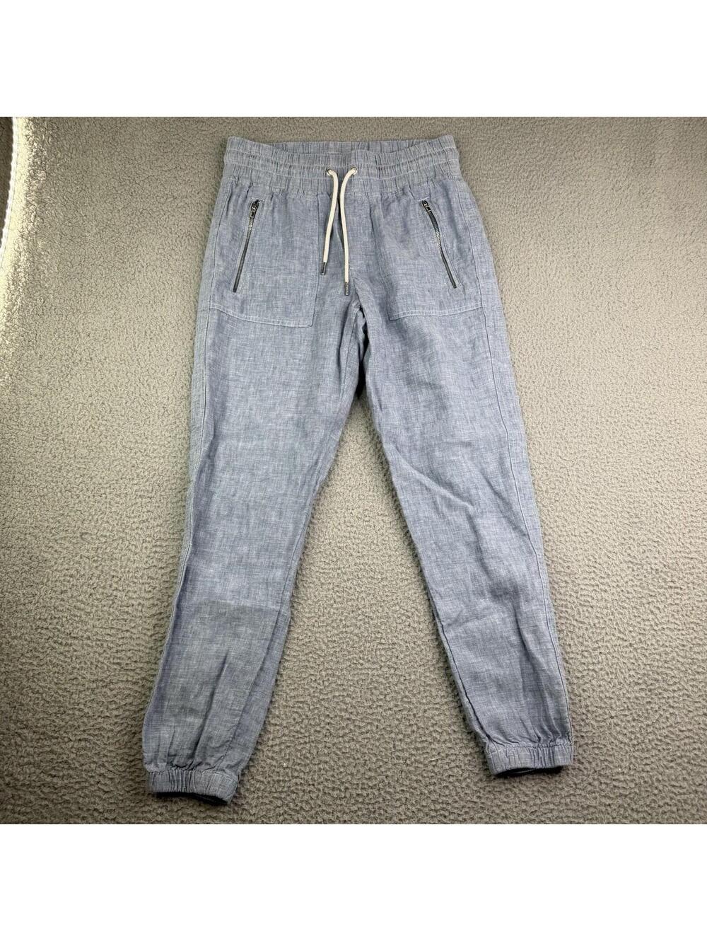 Athleta Cabo Blue Linen Jogger Pants Women's Size 2 Elastic Waist Zip Pockets